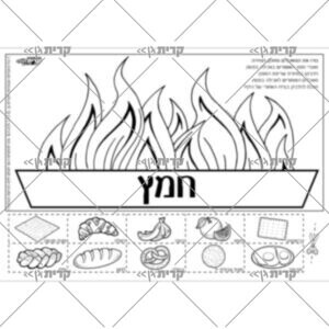 איור מדורה של שריפת חמץ, מתחת עשרה איורים של מאכלים, חלקם חמץ, חלקם מותרים לאכילה בפסח
