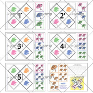 שישה עמודים, בחמישה מתוכם לוחות עם חמישה מעויינים צמודים. במעויין המרכזי מספר, במעויינים הנוספים כתמי צבע: כתום, ירוק, כחול, ורוד. בצד כרטיסים עם מטריות. בכל כרטיס צבע אחד מהצבעים של המעויינים בכמויות 1-5. דף נושף עם כרטיסי המטריות בצבע כתום
