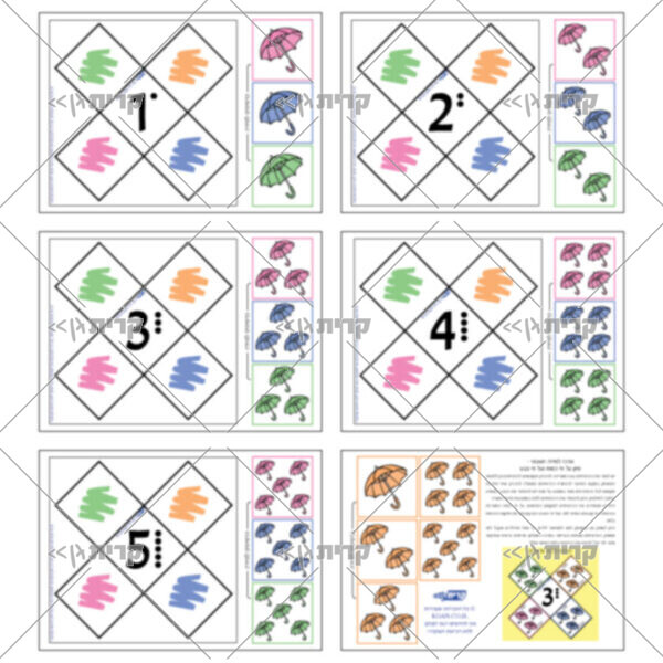 שישה עמודים, בחמישה מתוכם לוחות עם חמישה מעויינים צמודים. במעויין המרכזי מספר, במעויינים הנוספים כתמי צבע: כתום, ירוק, כחול, ורוד. בצד כרטיסים עם מטריות. בכל כרטיס צבע אחד מהצבעים של המעויינים בכמויות 1-5. דף נושף עם כרטיסי המטריות בצבע כתום