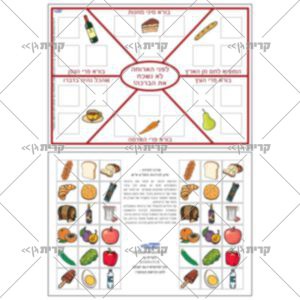 שני עמודים: עמוד אחד מחולק לשש, בכל חלק כותרת של ברכה ומאכל אחד, בעמוד הנוסף איורים של כל מיני מאכלים