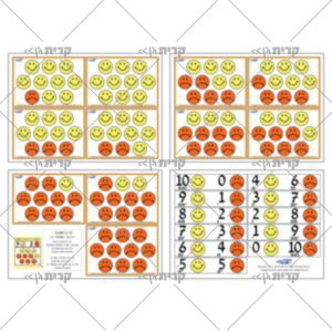 ארבעה עמודים, בכל עמוד ארבעה כרטיסים עם 10 סמיילים בכל כרטיס בשתי קבוצות של צבע: צהוב וכתום