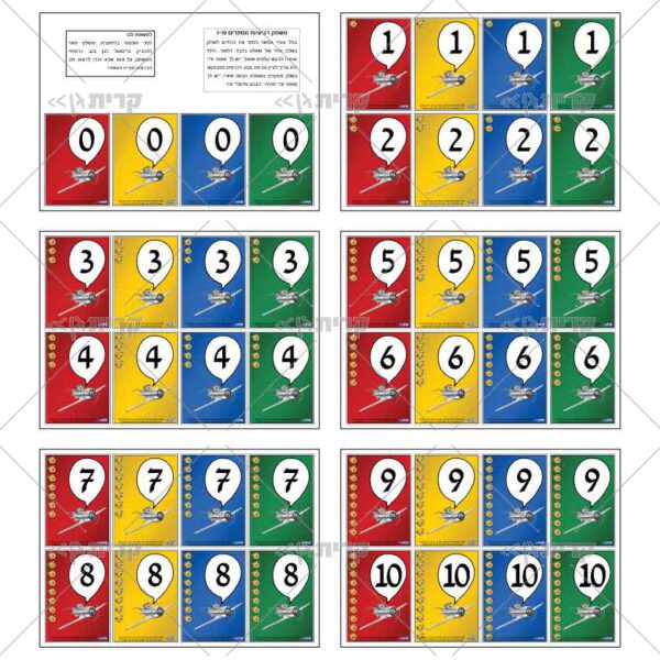 שש עמודים, בכל עמוד שמונה כרטיסים בארבעה צבעים שונים. בכל כרטיס מספר וכמות ייצוגית.