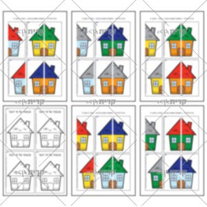 חמישה עמודים צבעוניים, בכל עמוד שלושה בתים בצבעים שונים מחולקים לשתי כרטיסים, בנוסף עמוד בשחור לבן עם איור הבית