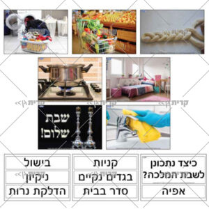 שבע תמונות צבעוניות של הכנות לשבת ובנוסף כותרות מתאימות בשחור לבן