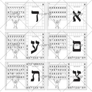 שישה עמודים, בכל עמוד בחצי הימני אות גודלה ובחצי השמאלי טבלה עם אותיות שונות